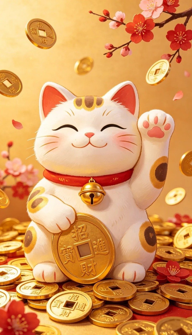 Ảnh mèo thần tài hoạt hình với màu sắc tươi sáng