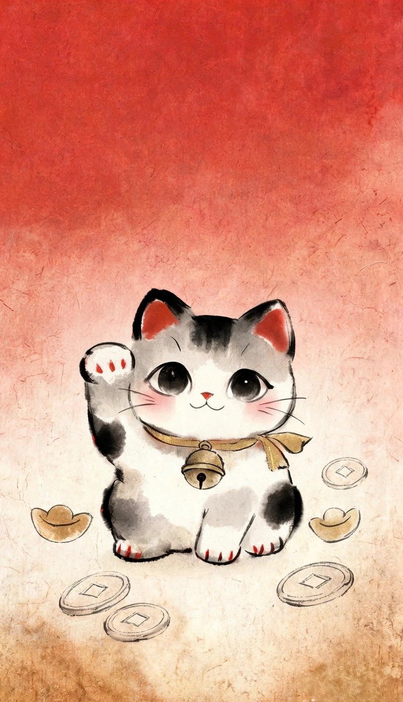 Hình Nền Mèo Thần Tài phong cách chibi ngộ nghĩnh