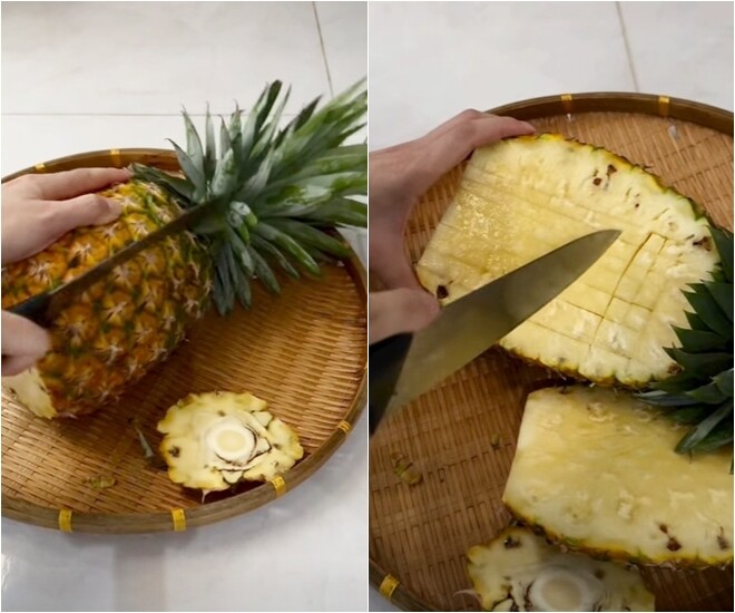 Công đoạn sơ chế quả dứa đòi hỏi sự tỉ mỉ và cẩn thận: Phan Thị Lý khéo léo cắt dọc rồi cắt ngang theo thớ dứa để vừa dễ lấy phần ruột, vừa giữ trọn vẹn phần vỏ hình chiếc thuyền nguyên vẹn làm đĩa đựng cơm.