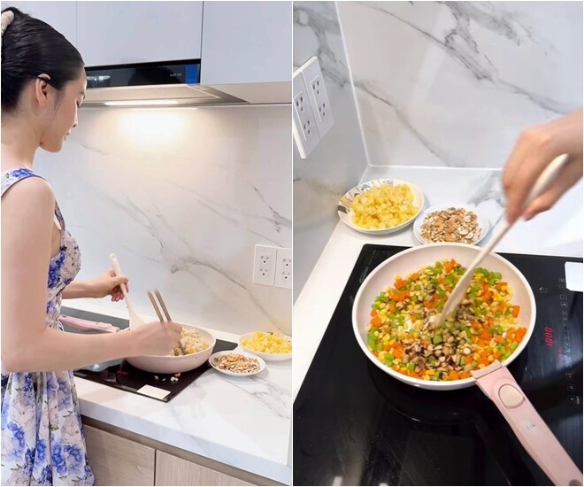 Mỹ nhân khéo léo thực hiện từng bước trên bếp: Rau củ được luộc sơ giữ độ tơi xốp, nấm đông cô được đảo chiên vàng thơm ngát. Mọi thao tác bếp núc của Phan Thị Lý đều nhẹ nhàng, thuần thục và tràn đầy cảm hứng.