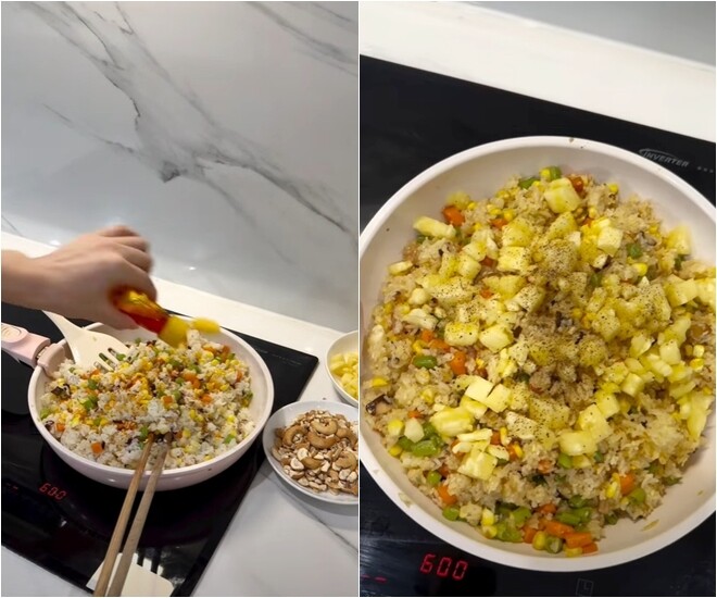Màu đỏ cam tự nhiên từ dầu điều giúp hạt cơm lên màu vàng óng, quyện cùng màu xanh của đậu, màu cam của cà rốt và màu vàng rực của dứa, tạo nên một chảo cơm rang chay rực rỡ sắc màu và thơm nức mũi.