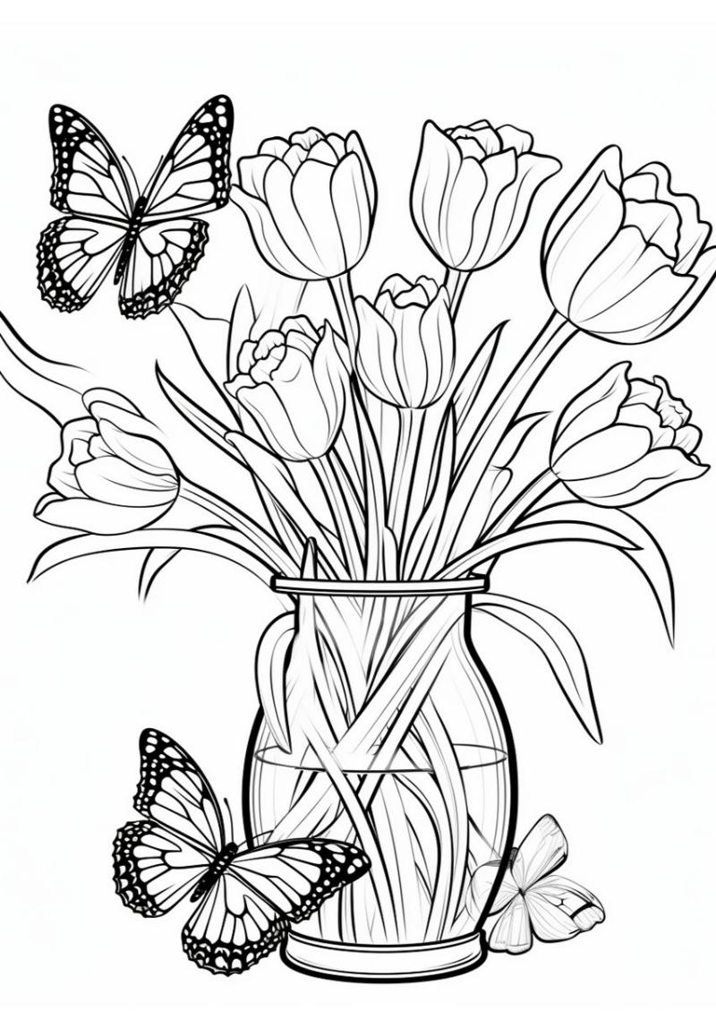 Butterfly and flowers coloring page