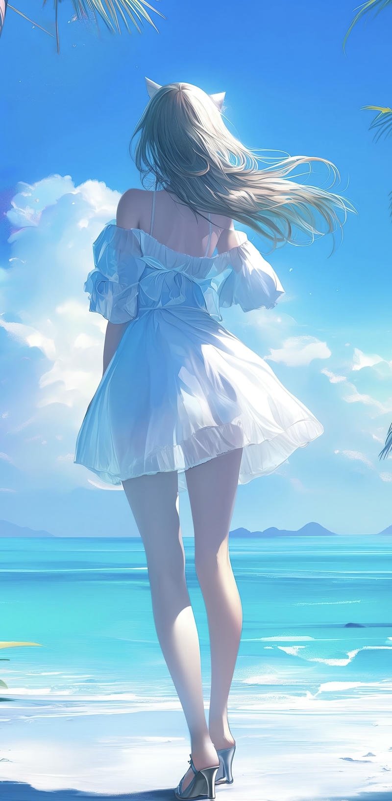 Ảnh cô gái quay lưng anime tóc dài dưới trời xanh