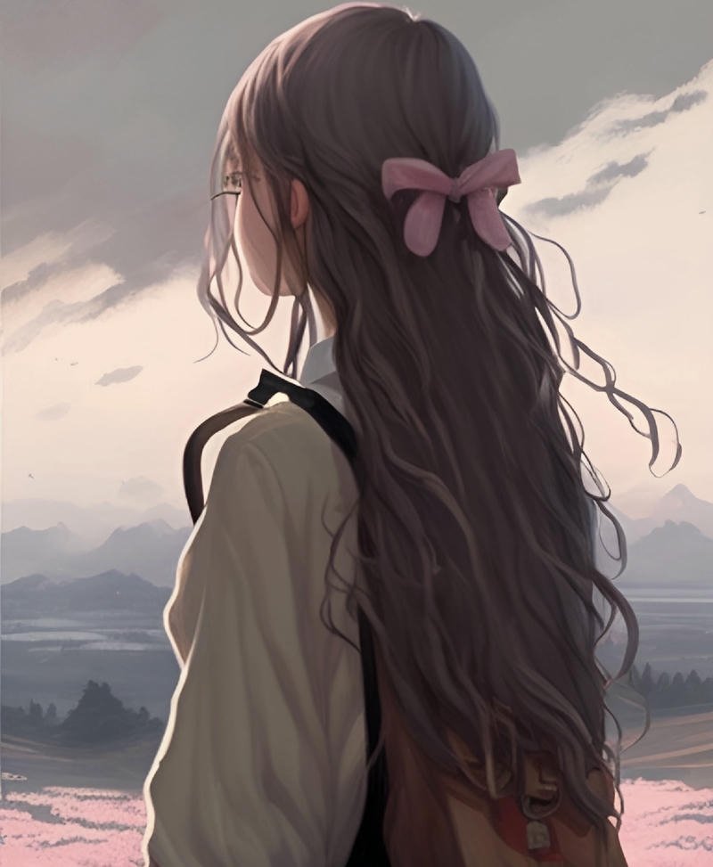 Ảnh cô gái quay lưng anime tóc dài nhìn về phía xa