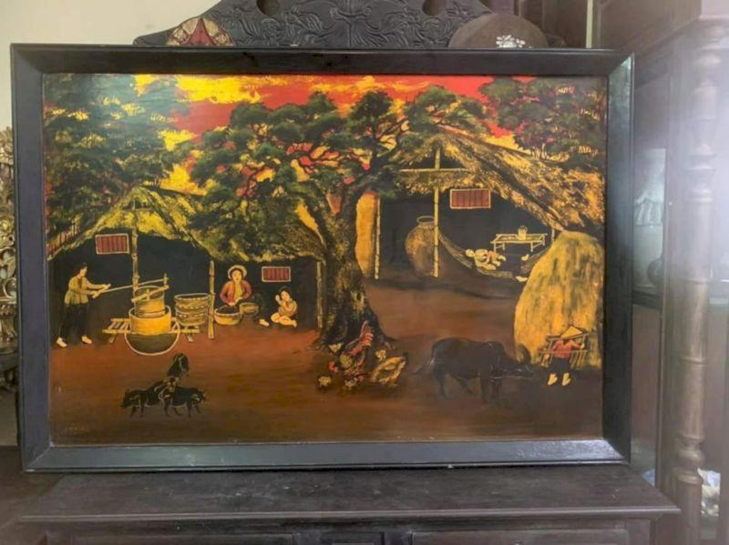 Tranh sơn dầu phong cảnh làng quê miền núi yên bình với sắc hoa đào