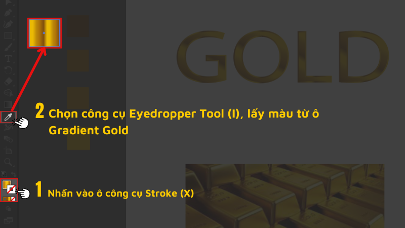 Chọn công cụ Stroke (X) > Chọn công cụ Eyedropper Tool (I) lấy màu từ ô màu mới