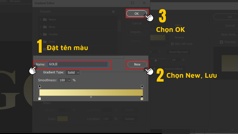 Đặt tên màu Gradient mới > Chọn New > Nhấn OK.