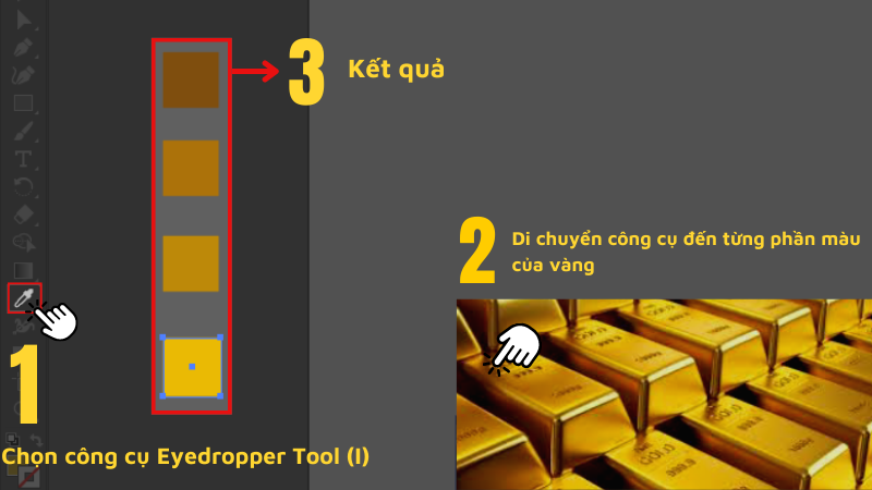 Chọn công Eyedropper Tool (I) lấy màu cho 4 ô từ ảnh thỏi vàng.