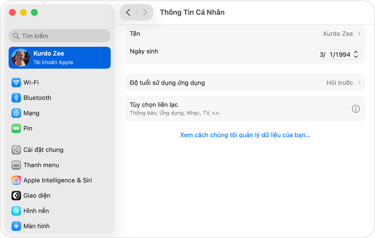 Mục cài đặt Tài khoản Apple trên máy Mac đang hiển thị Ngày sinh