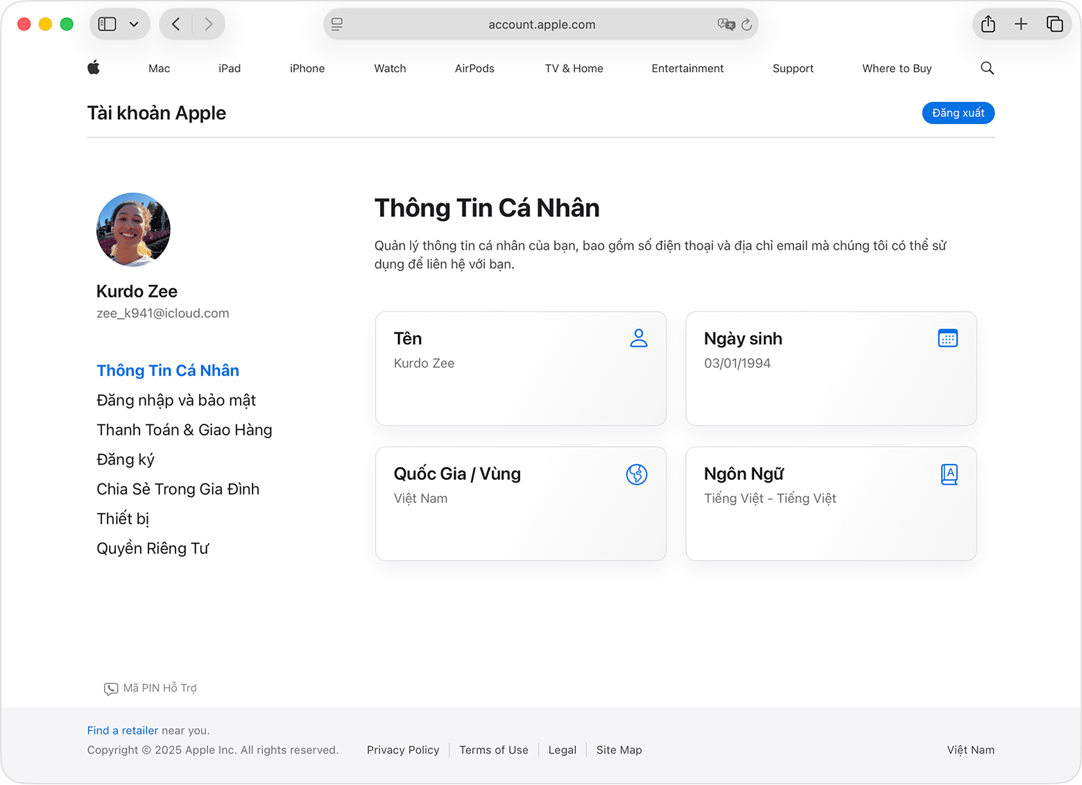 Trang Tài khoản Apple đang hiển thị Thông tin cá nhân và Ngày sinh