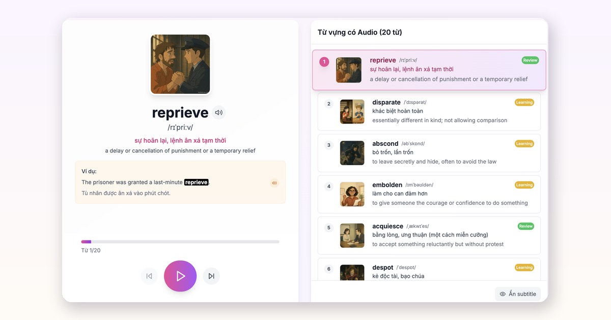 Màn hình học từ vựng của Từ Vựng 123: từ reprieve kèm phiên âm, nghĩa và danh sách 20 từ có audio
