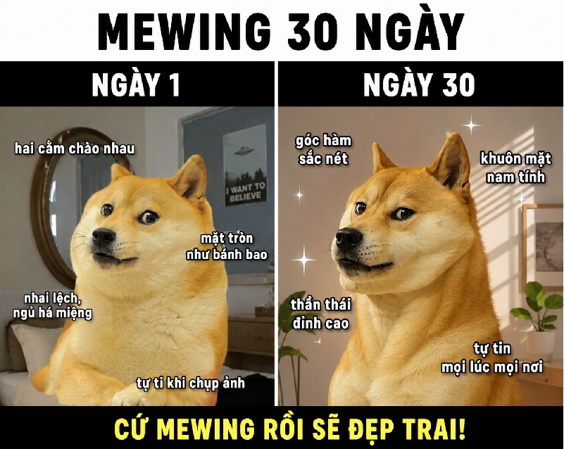 Ảnh meme mewing chuẩn cảm giác cố gắng nhưng kết quả bí ẩn.