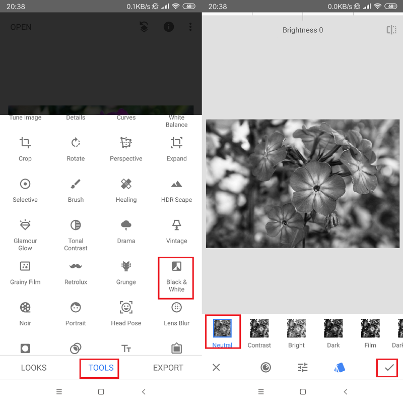 Ở giao diệnXem chỉnh sửa, bạn chọn mục Đen Trắng (Black & White) và chọn vào biểu tượng chỉnh sửa.