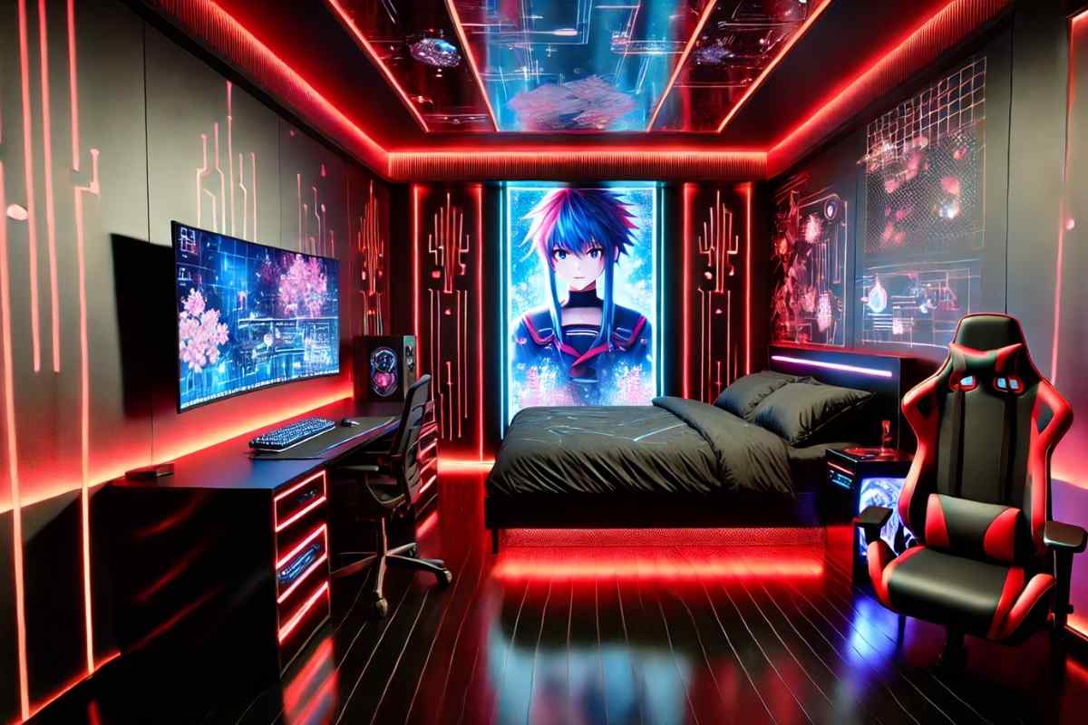 Phòng ngủ anime thiết kế với hệ thống đèn Led âm trần với tông màu đỏ cá tính (Nguồn: sưu tầm)
