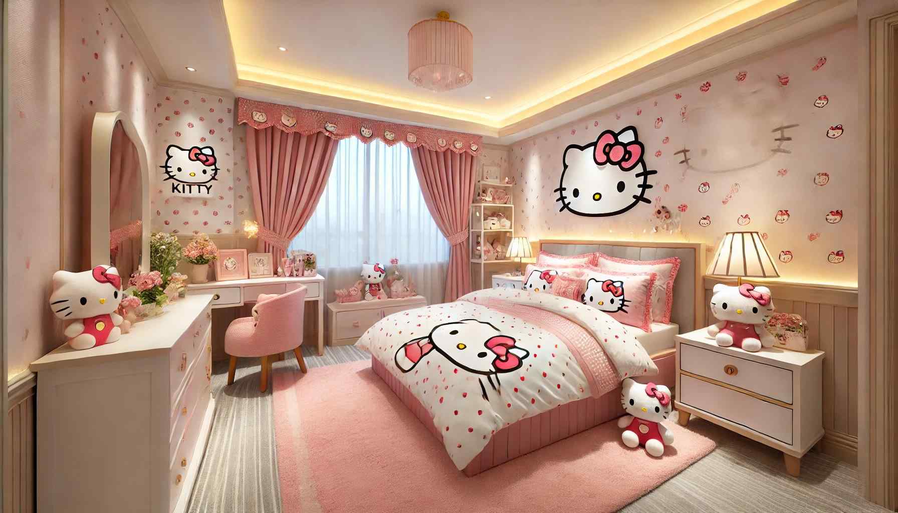 Sử dụng giấy dán tường và bộ chăn ga gối hình hello kitty (Nguồn: sưu tầm)