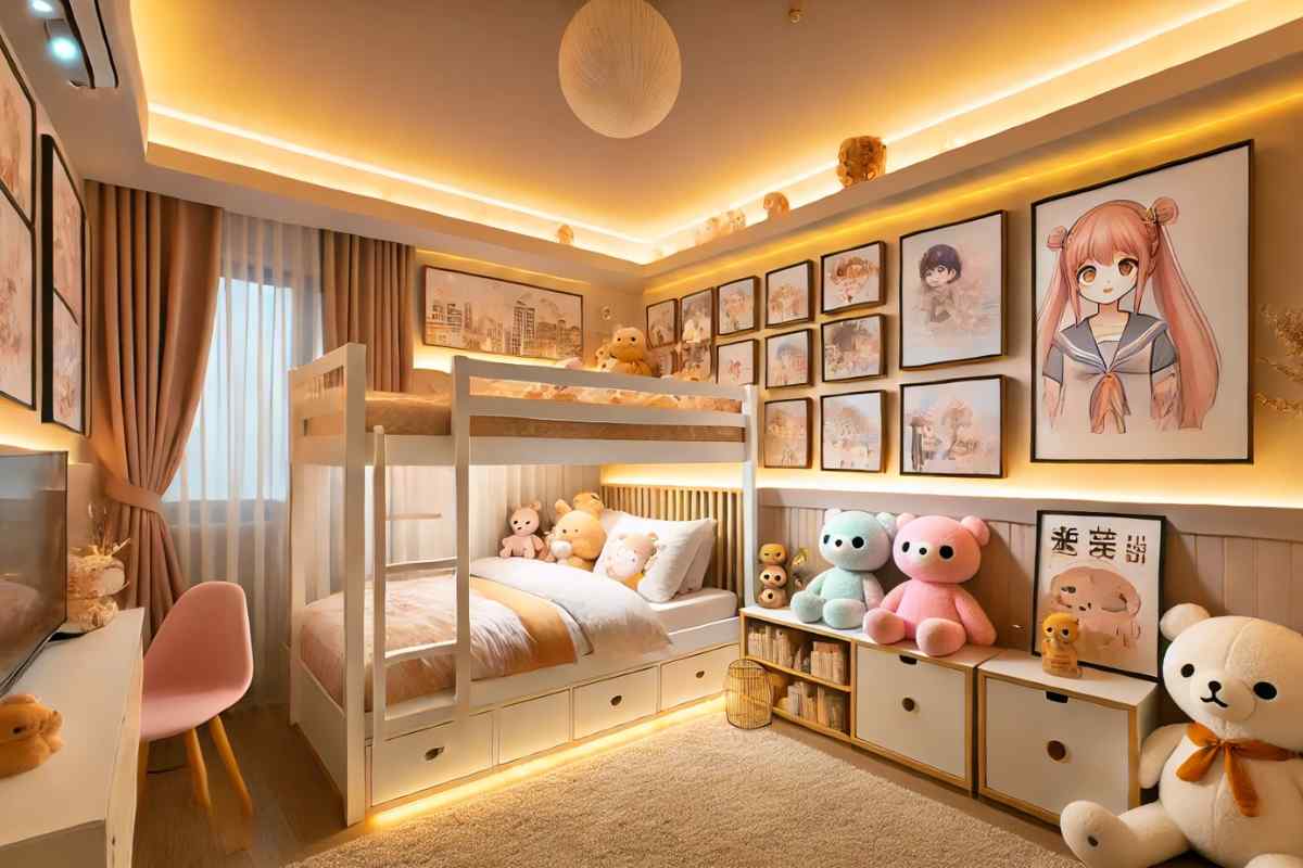 Thiết kế giường tầng anime cho hai bé gái với tông màu ấm áp (Nguồn: sưu tầm)