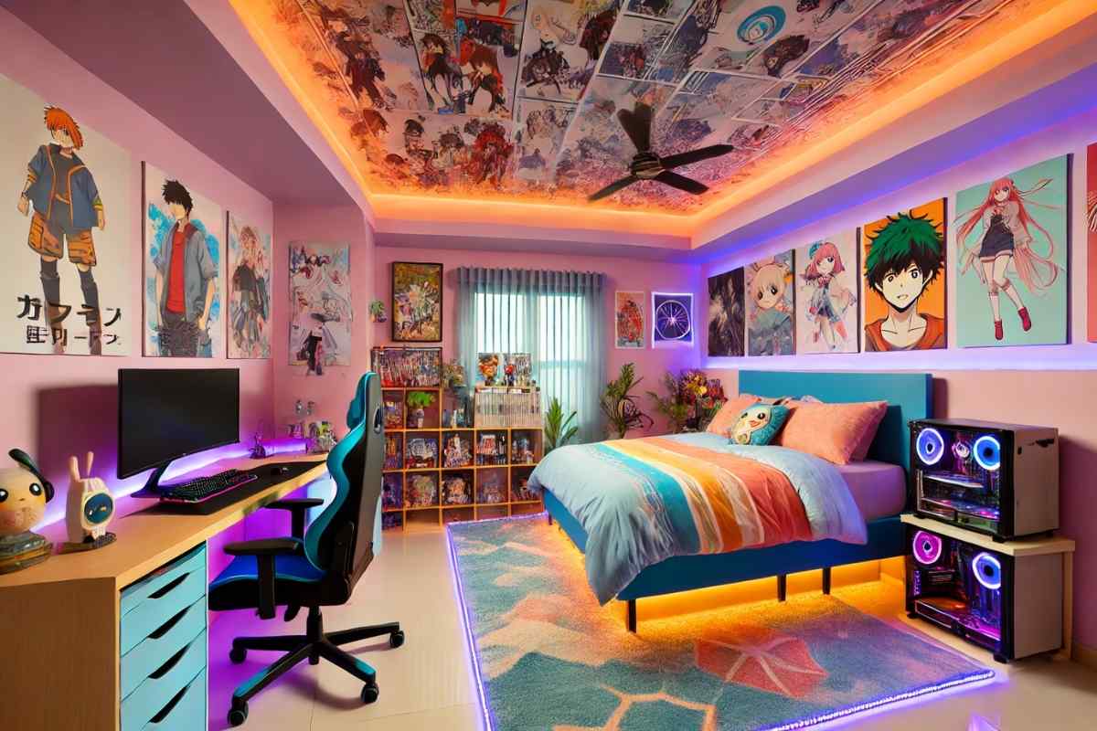 Bàn học được thiết kế đèn Led ánh xanh cùng tranh anime (Nguồn: sưu tầm)