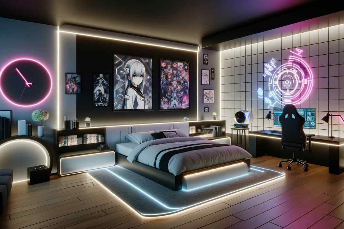Phòng ngủ anime thiết kế hiện đại với bàn học được bố trí riêng biệt (Nguồn: sưu tầm)