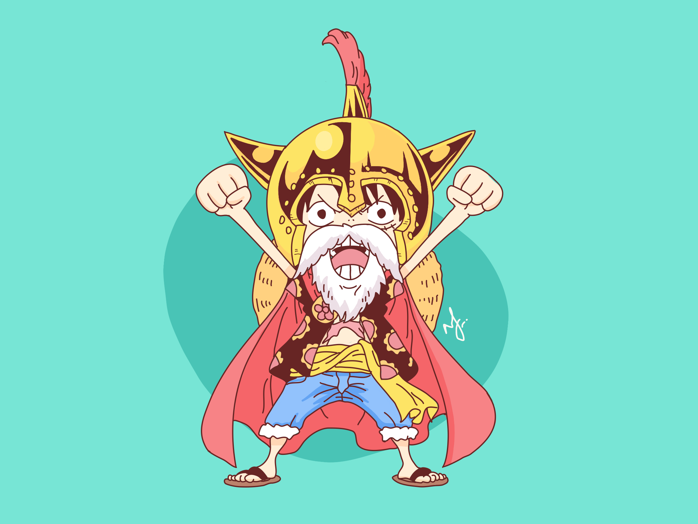 Hình ảnh Luffy chibi đội mũ giáp vàng rất ngầu